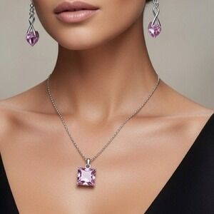 Swarovski Crystal Pink Heart Earrings Pink Square Cut Pendant Silver Necklace